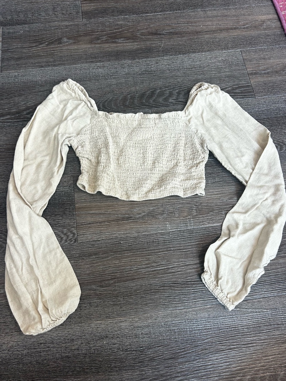 Japna Cream Smocked Long-Sleeve Crop Top